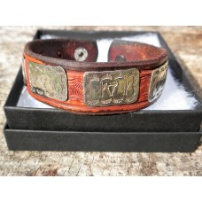 Handmade Brown Leather Bracelet with Rectangle Cactus & Steer's Head  Concho